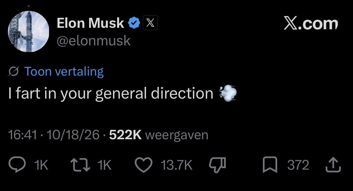 Screenshot of an Elon Musk post saying I fart in your general direction with a puff of smoke emoji